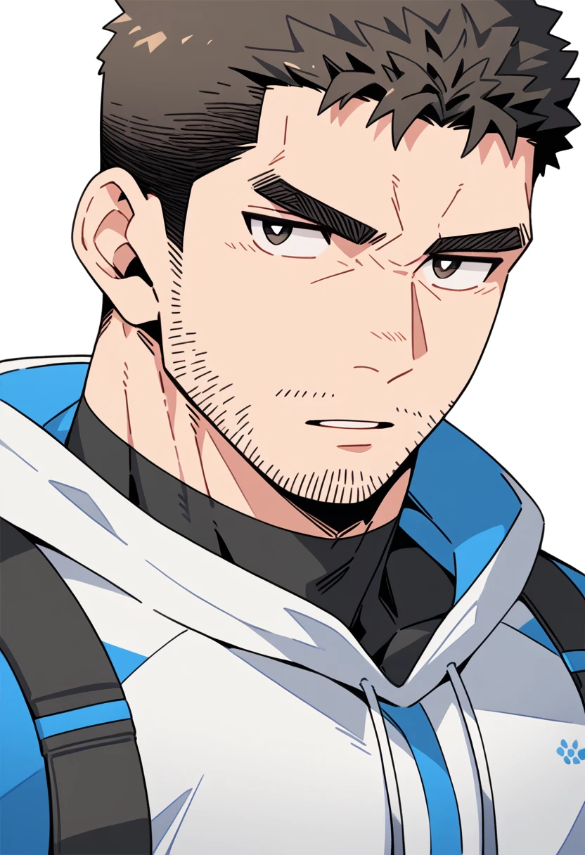 anime characters：Chris Redfield, Muscle Sports Student, Buzz Cut, Manliness, male focus, Sports tight hooded sweatshirt, Wear a black high-necked tights inside, Very tight, Huge chest muscles, muscular male, muscular, only, Upper body, alone, Red short hair, Thick eyebrows, stubble, Brown-red pupils, White background, simple background, amazing quality, best aesthetics, Ridiculous, crew cut, parted lips, v-shaped eyebrows, jitome, negative space, best quality