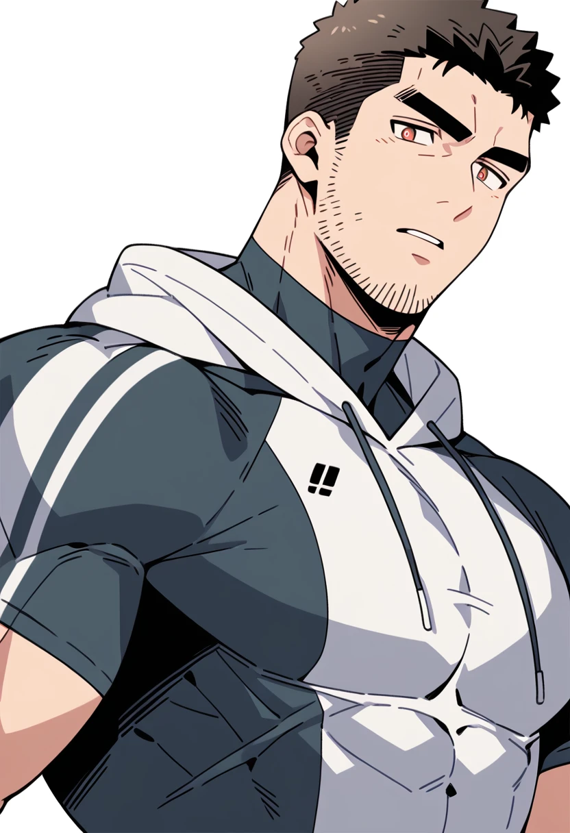 anime characters:Chris Redfield, Muscle Sports Student, Buzz Cut, Manliness, male focus, Sports tight hooded sweatshirt, Wear a black high-necked tights inside, Very tight, Huge chest muscles, muscular male, muscular, only, Upper body, alone, Red short hair, Thick eyebrows, stubble, Brown-red pupils, White background, simple background, amazing quality, best aesthetics, Ridiculous, crew cut, parted lips, v-shaped eyebrows, jitome, negative space, best quality