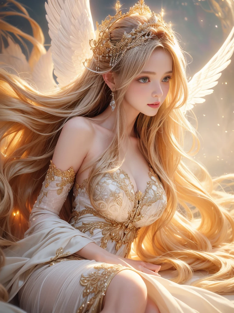 (best quality,4k,8k,highres,masterpiece:1.2),ultra-detailed,realistic,beautiful girl,golden long hair,angelic halo,white angel wings,fantasy style,vivid colors,soft lighting,ethereal atmosphere,natural surroundings,serene expression,sheer dress,floating,graceful posture,airy feel