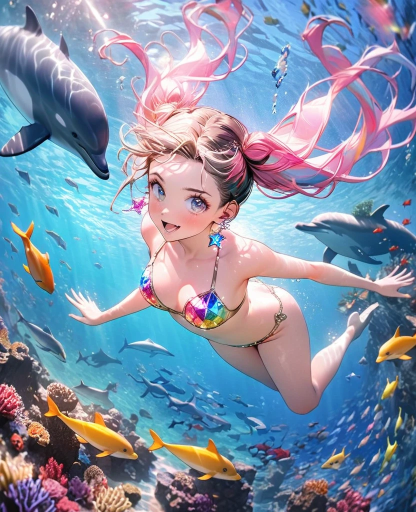 Perfect human body modeling, 1girl, small breasts, beautiful girl, cute girl and idol face, young face, smile, Beautiful long pink hair, twintails, Beautiful shining red eyes, white skin, Short body, topless, Very small bikini, micro bikini, see-through, Under the sea