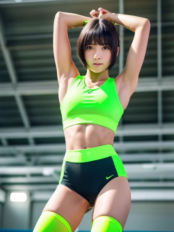 Highest quality 8k resolution Ultra detailed Bright neon green competition sportswear Serious facial expression Cute girl Abs Arms up Very short hair High waisted tights Flat chest Japanese Sharp focus Track and field club Very short hair Junior high school student Sweating