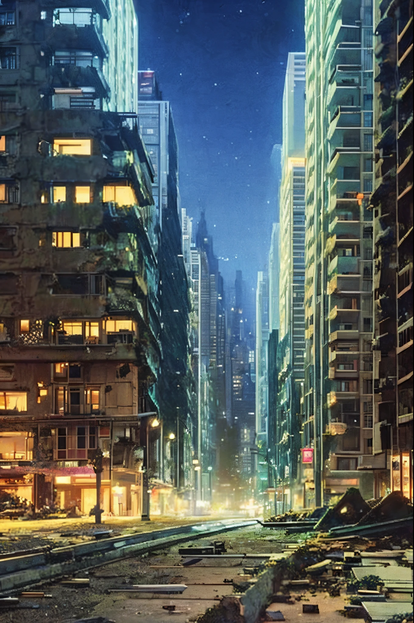 Night Scenery、 in a dark and Destroyed city, With a touch of lighting, Anime scenery, Decayed City, poorly lit, walking in the city, Destroyed city