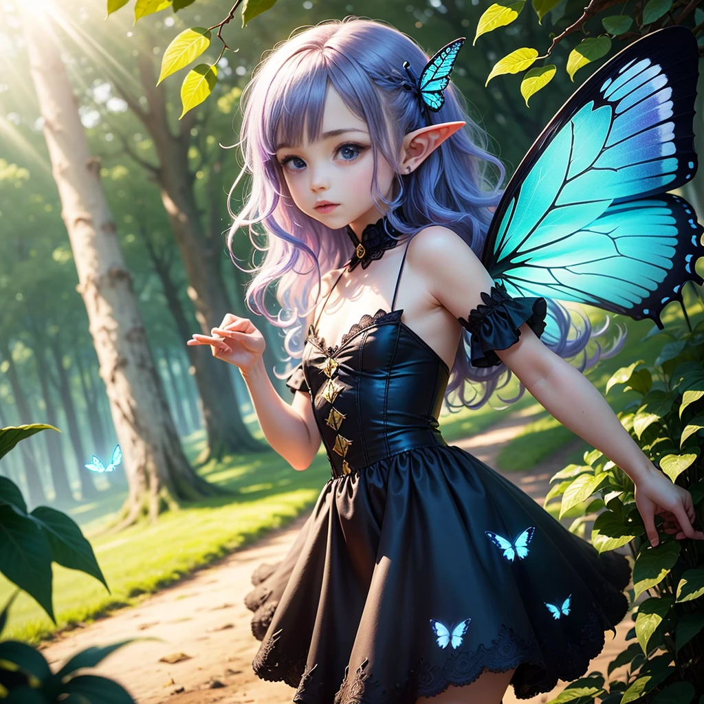 Cute little fairy, , rainbow hair, sparkling, pointy ears, sunlight, dress made of leaves, transparent wings, beautiful blue butterfly