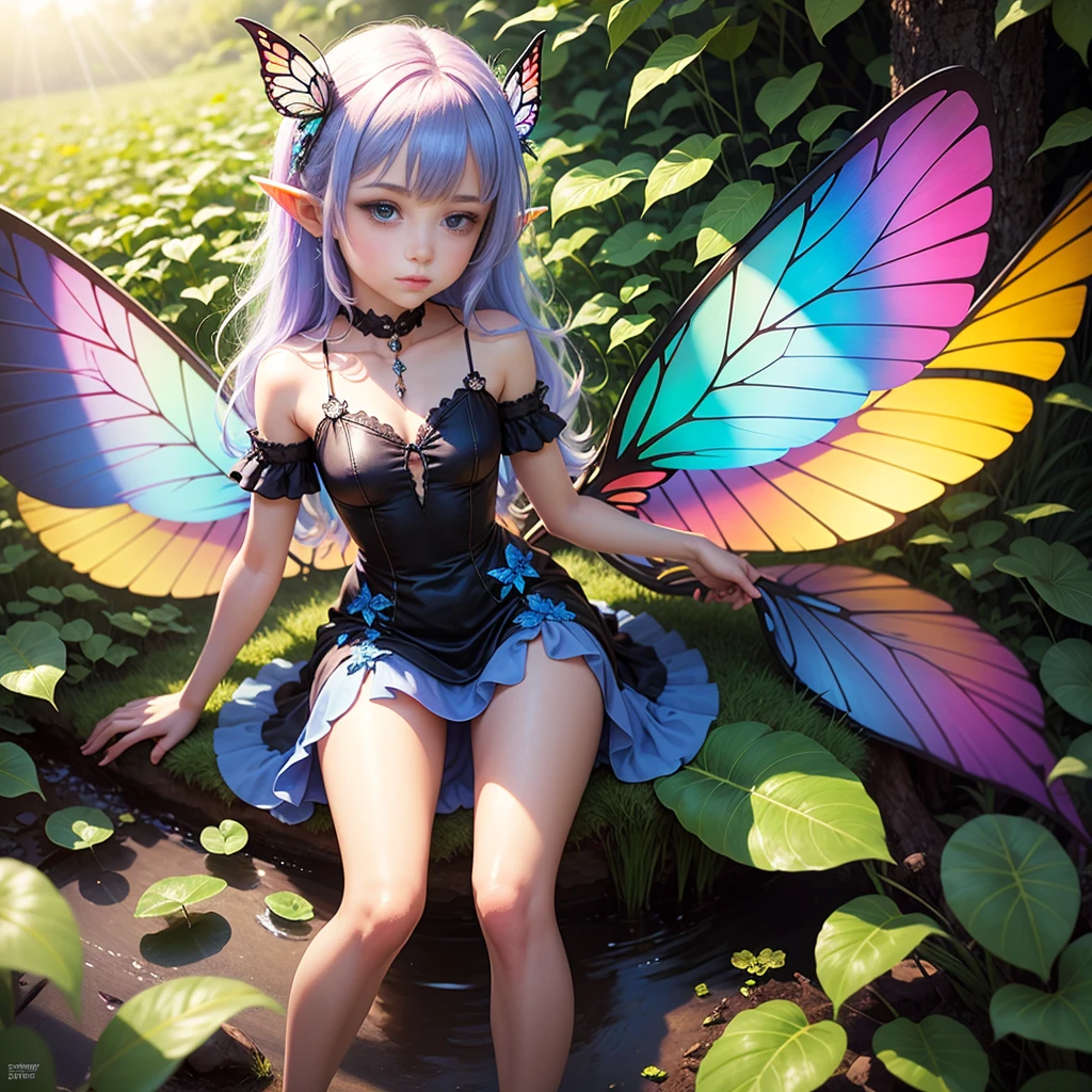 Cute little fairy, , rainbow hair, sparkling, pointy ears, sunlight, dress made of leaves, transparent wings, beautiful blue butterfly