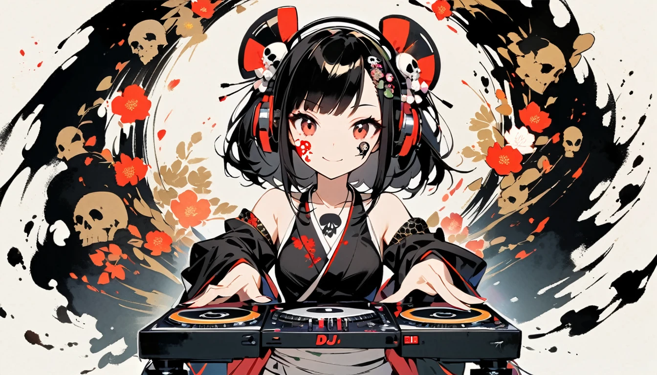 (((Ink Painting))), (((1 girl))), (((Skull tattoo on face))), (((Gorgeous hair accessories))), Japanese style headphones, (((dj))), Japanese Beauty, Black Hair, smile