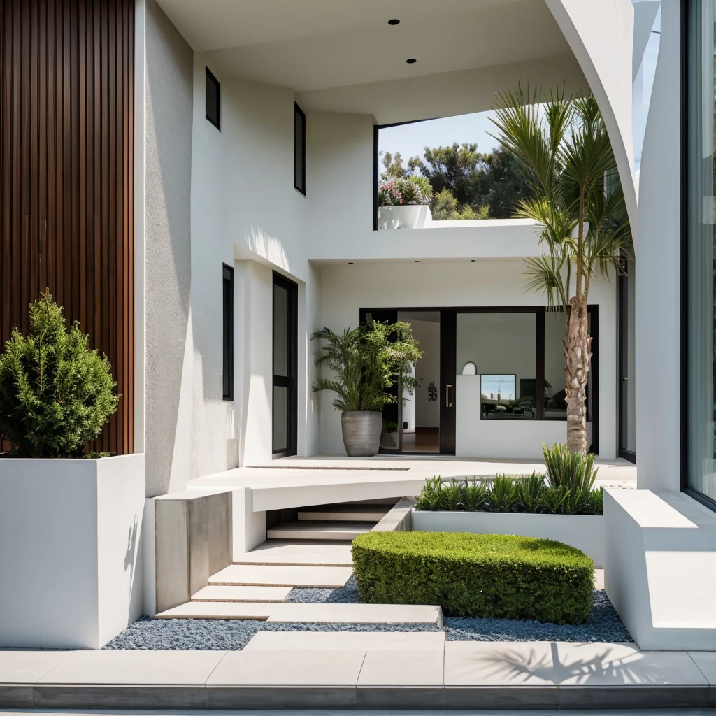 realistic photography. natural light. architectural Digest magazine quality photo. houzz photo. beautiful exterior looking into a front door. Ultra modern , curvy, luxury, ultra modern, plush home. flat roof, marbella, popular exterior home style. Scandinavian. entrance that has a curved wall which encompasses small front yard. white stucco. peaceful potted plants at entrance. sunny day.