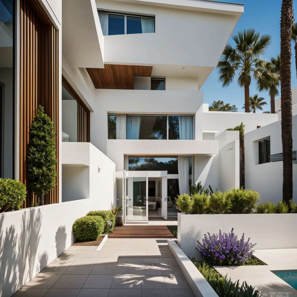 realistic photography. natural light. architectural Digest magazine quality photo. houzz photo. beautiful exterior looking into a front door. Ultra modern , curvy, luxury, ultra modern, plush home. flat roof, marbella, popular exterior home style. Scandinavian. entrance that has a curved wall which encompasses small front yard. white stucco. peaceful potted plants at entrance. sunny day.