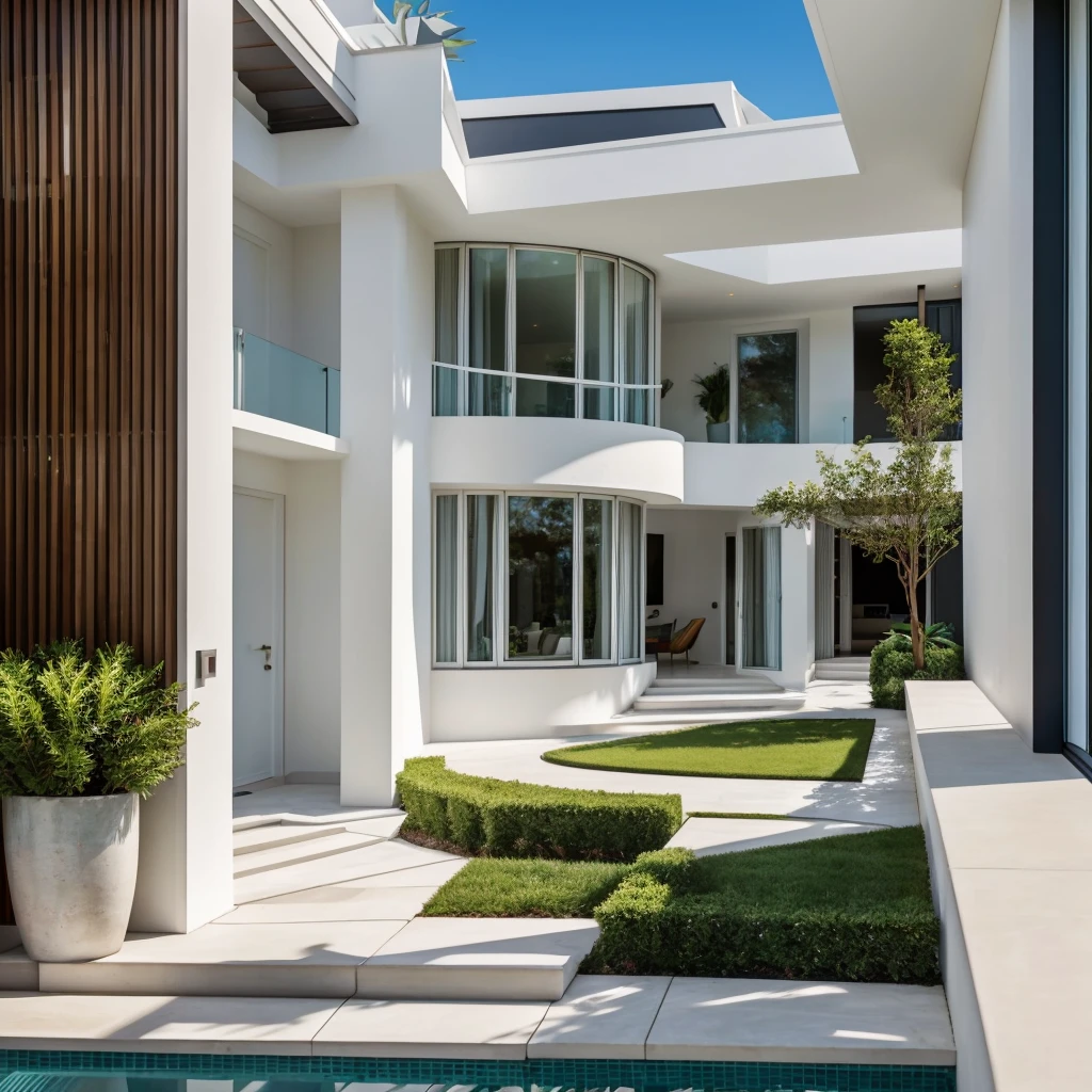 realistic photography. natural light. architectural Digest magazine quality photo. houzz photo. beautiful exterior looking into a front door. Ultra modern , curvy, luxury, ultra modern, plush home. flat roof, marbella, popular exterior home style. Scandinavian. entrance that has a curved wall which encompasses small front yard. white stucco. peaceful potted plants at entrance. sunny day.