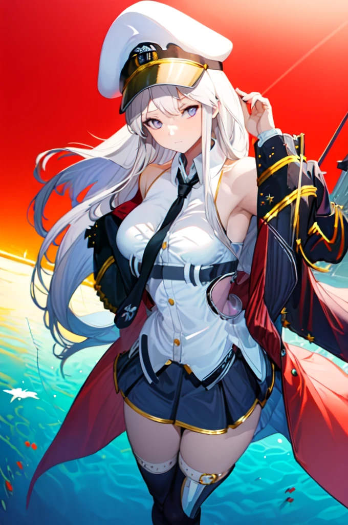 masterpiece, best quality, highres, aaenter, long hair, hat, white headwear, large breasts, black necktie, sleeveless shirt, white shirt, off shoulder, black coat, open coat, belt, pleated skirt, black skirt, black thighhighs, cowboy shot, standing, outdoors, ocean in background, 2D, add_detail:1