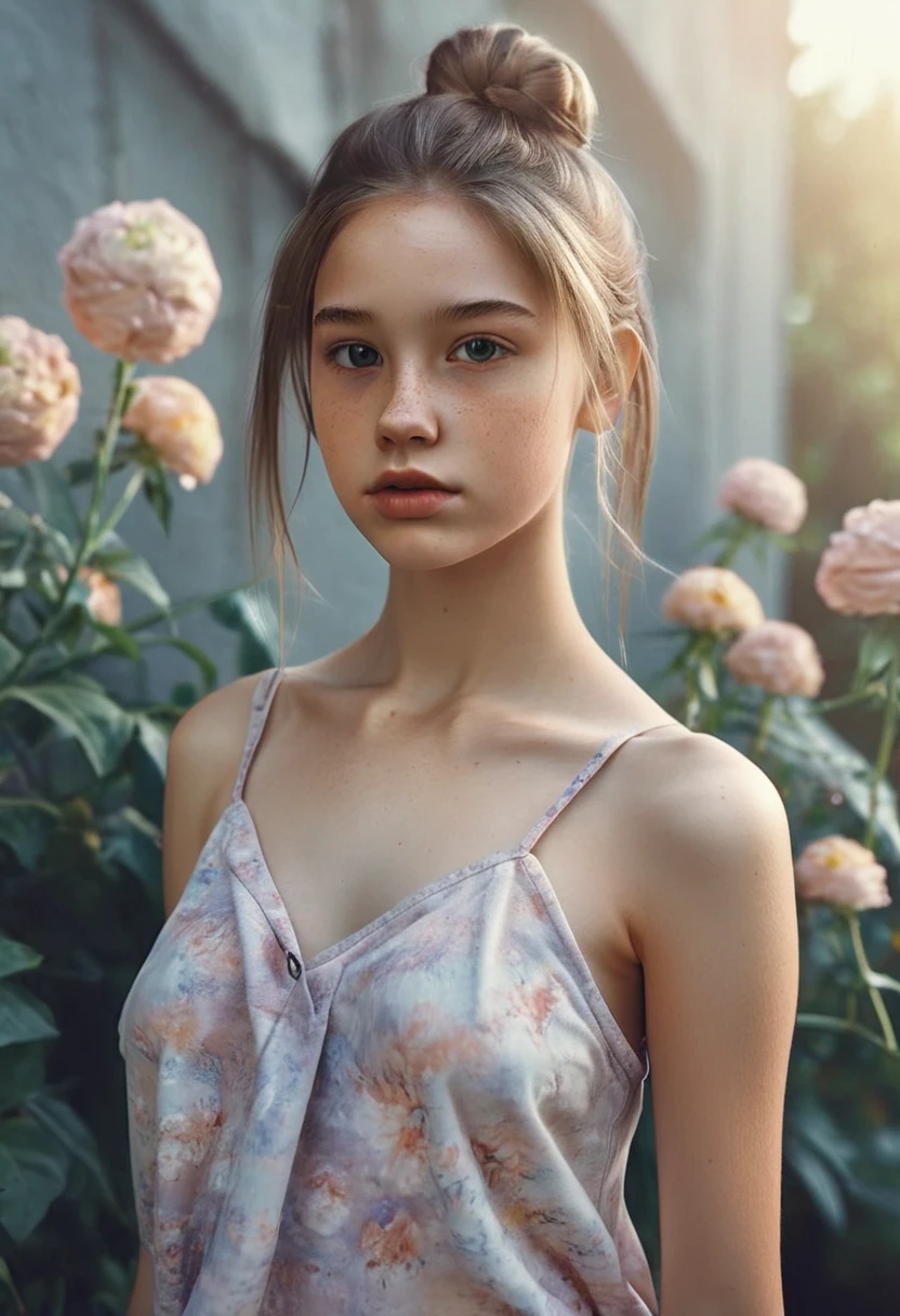 (Cinematic Photo: 1.3) off (Real: 1.3), (comfortable: 1.3) beautiful 18 year old girl, (difficult messy bun of light brown hair, sslim shoulders, realisti texture, looks directly into the camera, (looks at the viewer), Schmollmund, cake, shine, dramatic, dreamy, Pastel flower garden, thin, sslim, soft, difficult, digital drawing, fantasy themed,sslim , bare belly, fantasy concept art , The Fantasy Figure, beautiful teenage girl, perfect body, highly detailed full-length shot, dreamy, cake, Aquarell, Strange, soft, highly detailed texture, realisti , naked.full, full-body