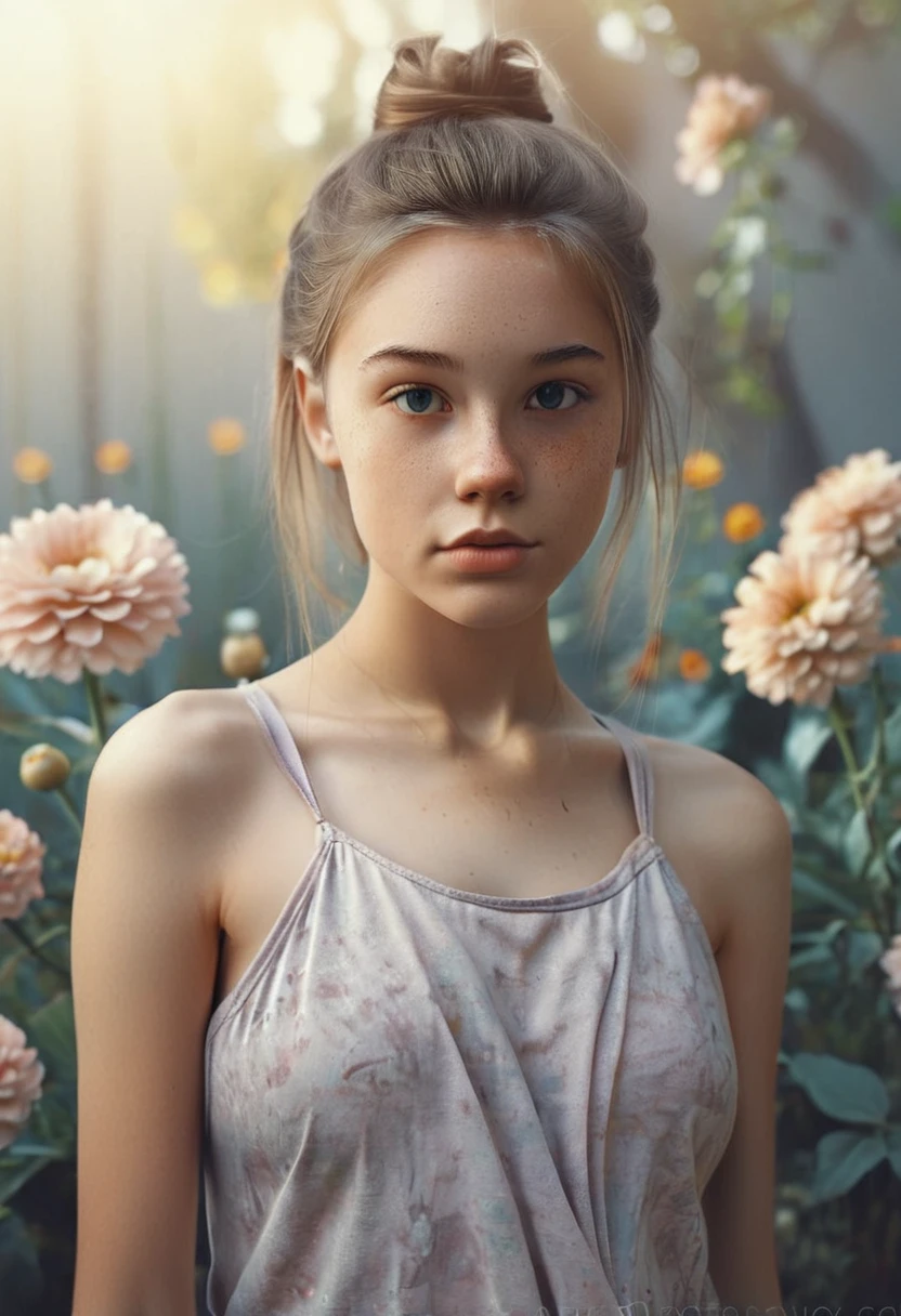 (Kinofoto: 1.3) off (Real: 1.3), (comfortable: 1.3) Beautiful girl, (difficult messy bun of light brown hair), высокодеталoffированная текстура кожи, sslim shoulders, realistic texture кожи, looks directly into the camera, (looks at the viewer), Schmollmund, cake, shine, dramatic, dreamy, Pastel flower garden, thin, sslim, soft, Высокая деталoffация, difficult, digital drawing, fantasy themed,sslim , bare belly, fantasy concept art , The Fantasy Figure, beautiful teenage girl, perfect body, very detailed full body shot, dreamy, cake, Aquarell, strange, soft, highly detailed texture, realistic texture, digital drawing, высокодеталoffированная фотография (art deco: 1.3), (Фотореалoffм: 1.3), (Классический реалoffм: 1.3), (Fujifilm Superia: 1.3), naturally, Light of the golden hour