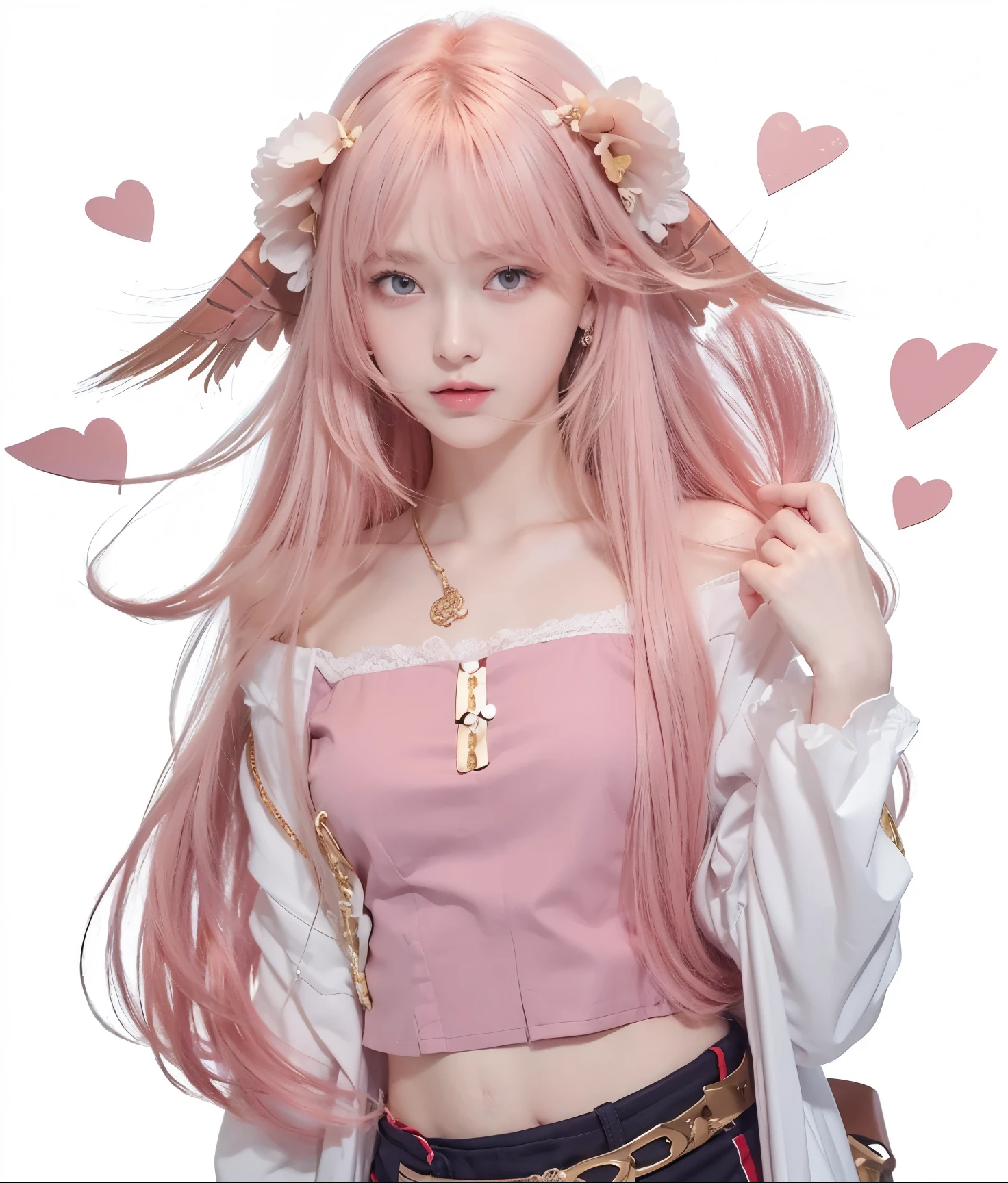 1. **hair**:
- Color: pink.
- Length: shoulder length.
- Form: hairstyle with straight hair, slightly wavy at the ends, with short straight bangs.
2. **Head and face**:
- Oval shaped face.
- Eyes are big, with purple irises.
- Facial expression is calm and confident.
3. **cloth**:
- Main part: white dress with high collar.
- Details: the dress is decorated with red and gold elements, with flower patterns.
- Sleeves: wide, long, with red trim and white patterns.
- Belt: decorated with gold and purple elements.
- The bottom of the dress is divided into two parts at the front, revealing red shorts.
4. **accessories**:
- Gold jewelry on the head, like horns or wings.
- Drop earrings with gold and red elements.
- On foot: Platform sandals, with white straps and gold jewelry.
5. **General style**:
- cloth и аксессуары имеют традиционный восточный стиль, Maybe, with elements of Japanese culture.
The girl looks elegant and sophisticated, with a distinctly aristocratic style.