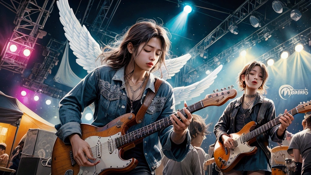 Draw a music festival poster,Playing blues guitar,Musical note elements