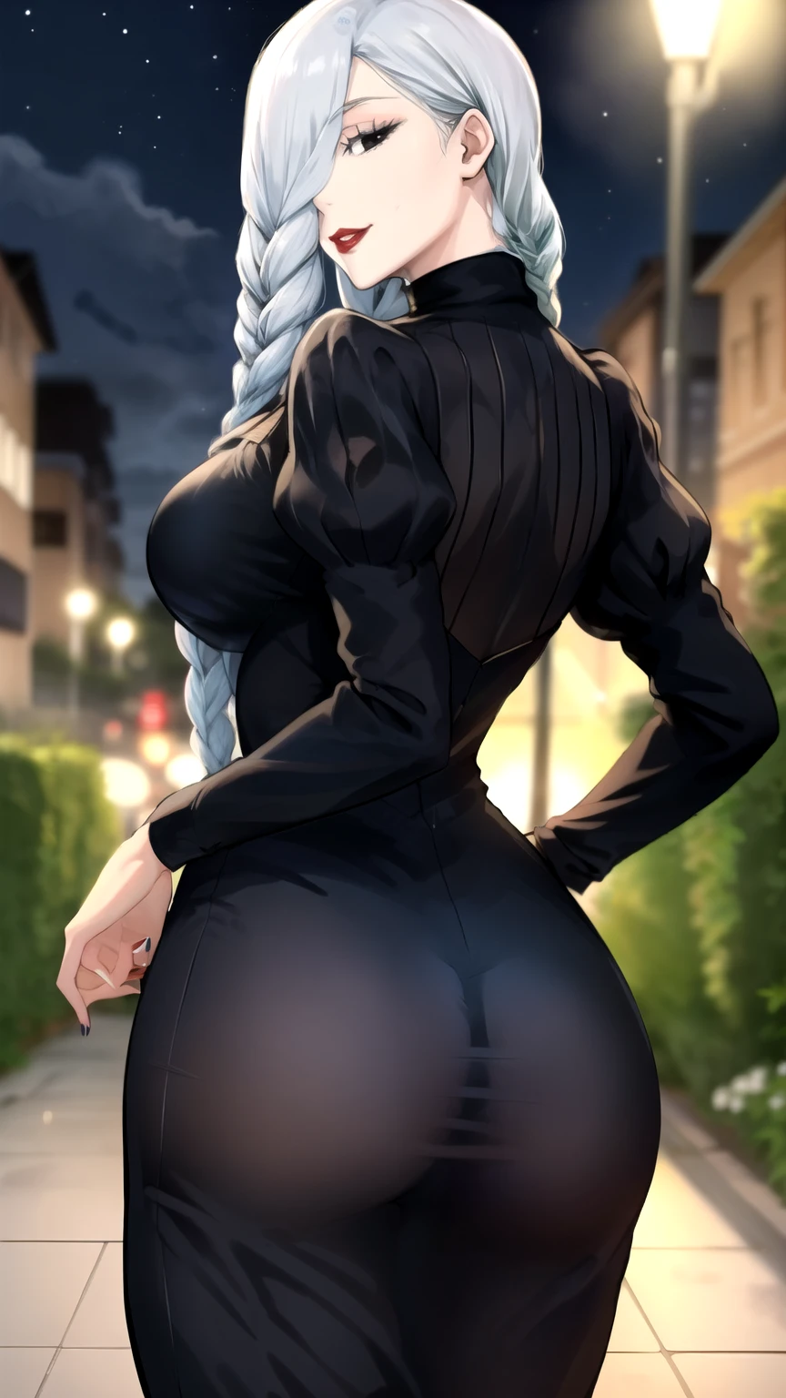 Anime art style, tatsumaki from one punch man, green hair, white skin, standing on destroyed city, cinematic lights, blushing cheeks, smilling, looking back at viewers, grabbing her ass, big booty, NSFW, back view, beautiful scenery.