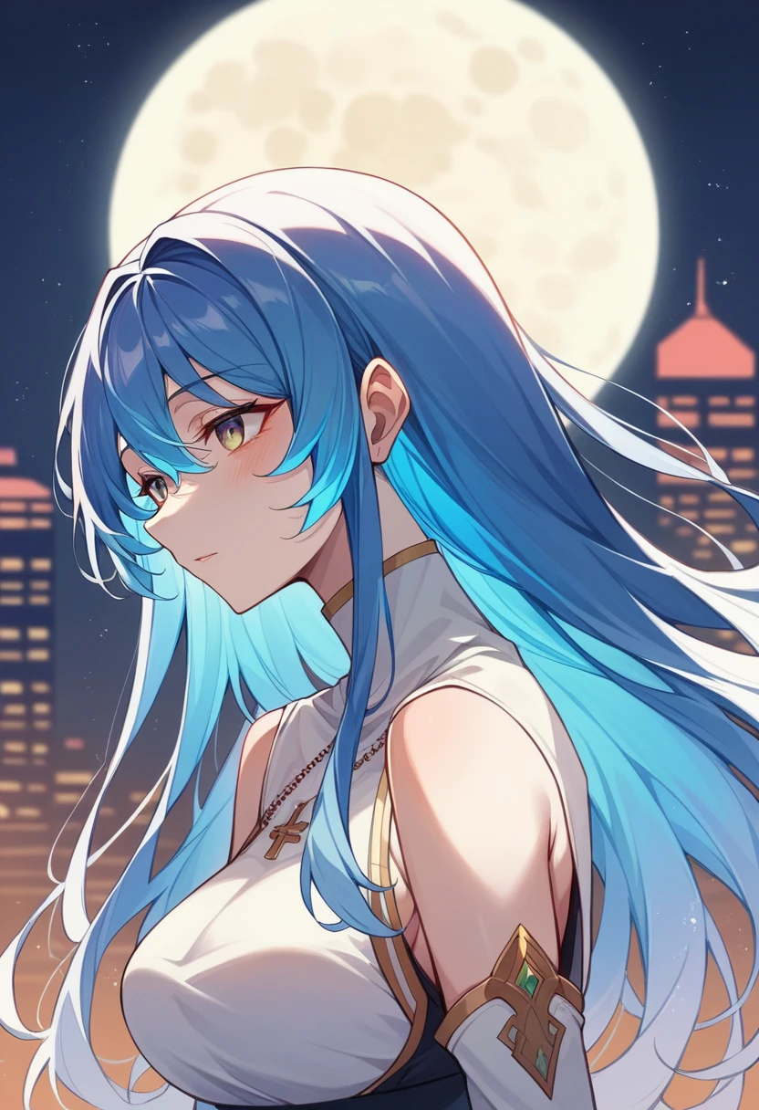 girl、anime、Blue Hair、long hair、Nuns、An illustration、Glowing hair、Townscape at night、skyscraper、moon、Beautiful light source、moon明かり