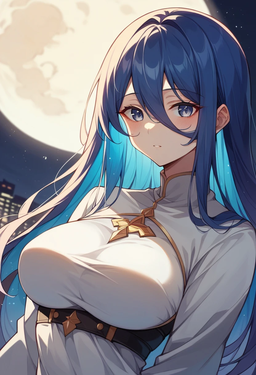 master part, high, high quality, detailed face, Detailed body, full body, 1girl, solo, nude, nude shoulders, naruko uzumaki, twintails blue hair, blue eyes, necklace, smile, looking at the viewer, large breasts, sexy pose, dark lips, standing, blushes, landscape, night, moon and stars, nebula
