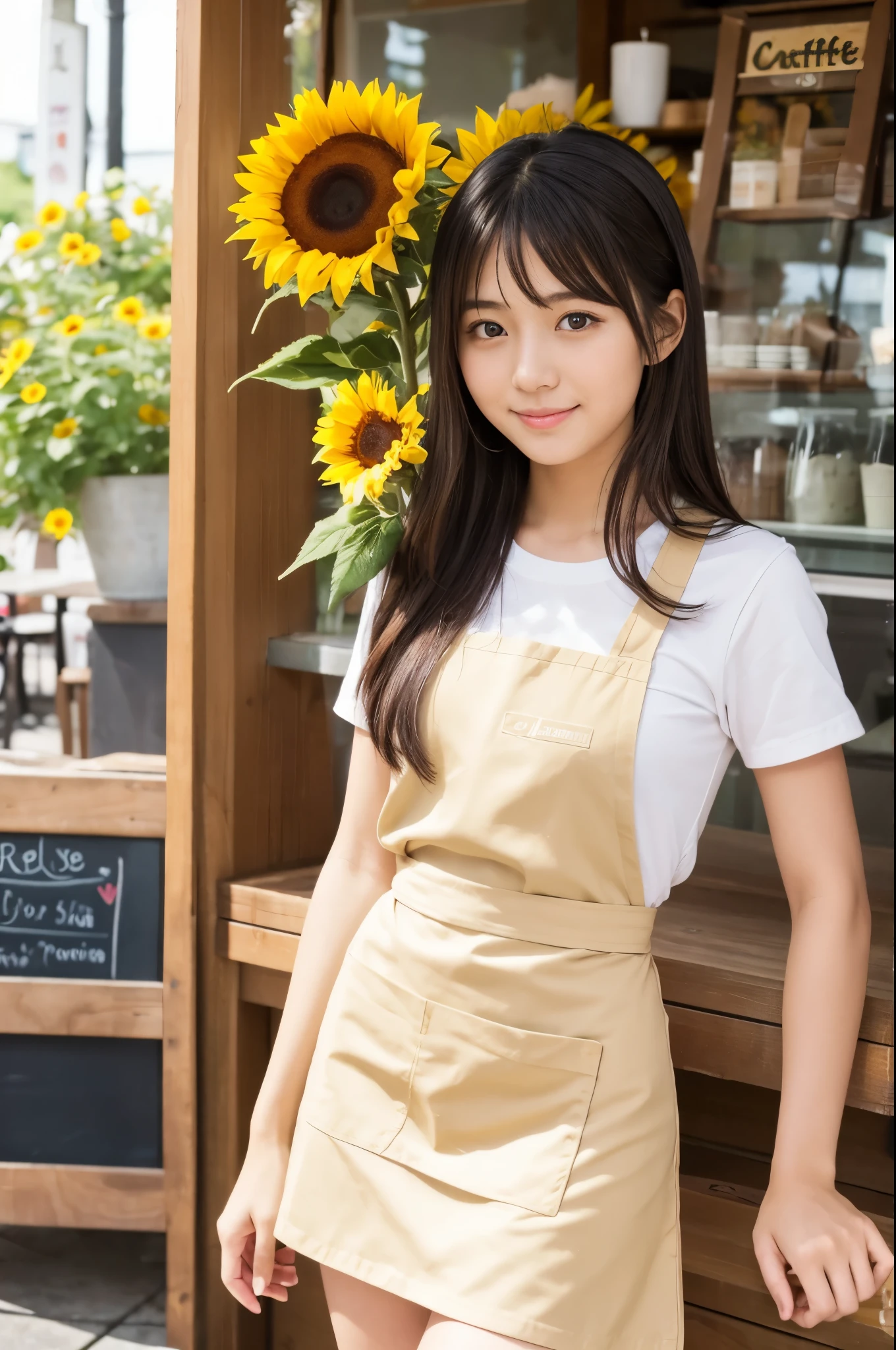 20 years old girl (Japanese cute face) is wearing mini skirt and white apron and working at the cafe with sunflowers　