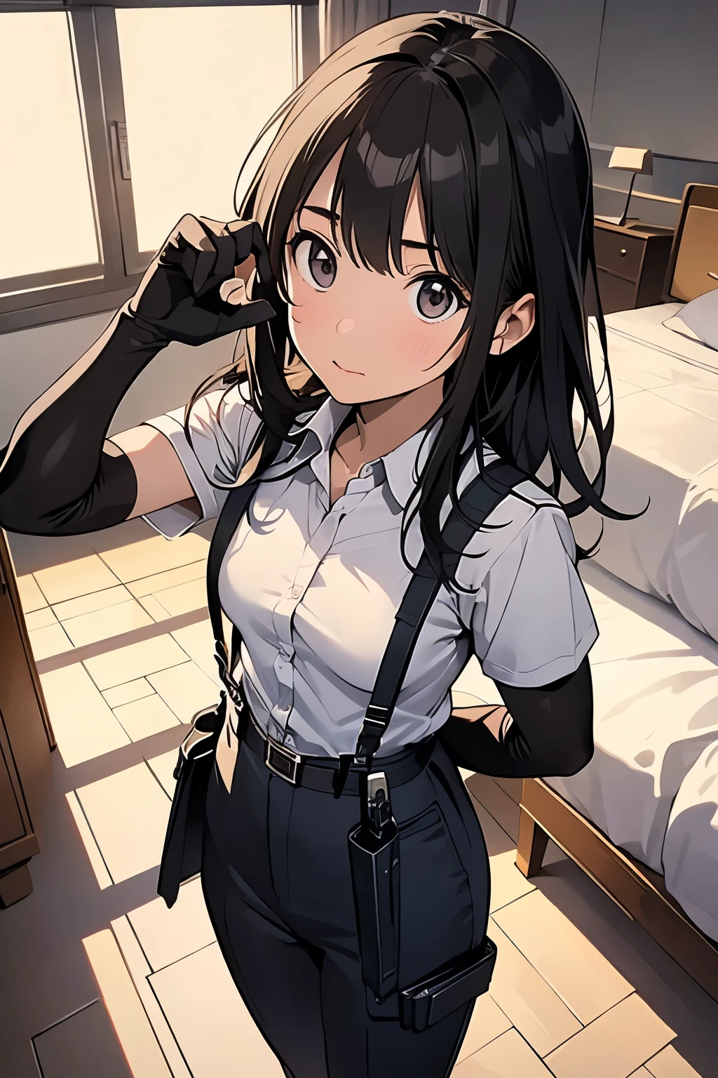 1 female, , high quality, masterpiece, Ultra-high resolution, , Cinema Lighting, , , And the suspenders with the cranes flying Moderate breasts Small face holster Lying in bed Looking up Sweat belt summer 脇Sweat Black Hole Gloves suit shirt Black jacket Black trousers Leg Links ズボンにbelt holster Hands behind your back Anxious expression Looking up Anxious face, legs apart