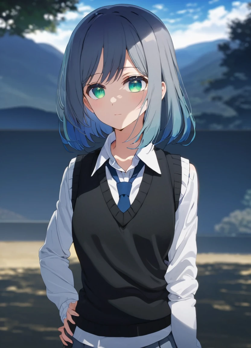 masterpiece, high quality, 8k, Beautiful lighting, One girl, alone, Green Eyes, Moderate_hair, White shirt, Sweater vest, Black vest, Blue tie, Grey Skirt, Outdoor, Cowboy Shot, View your viewers, anime, blue hair, ,Uterus, cross-section, multiple views
