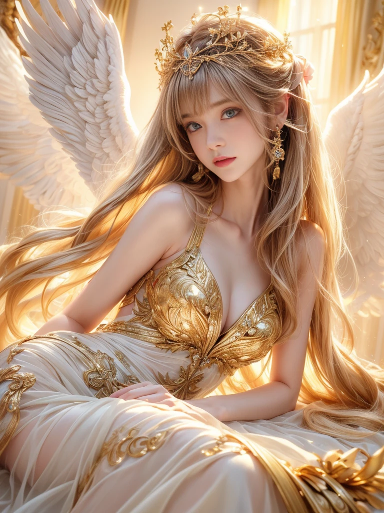 (best quality,4k,8k,highres,masterpiece:1.2),ultra-detailed,realistic,beautiful girl,golden long hair,angelic halo,white angel wings,fantasy style,vivid colors,soft lighting,ethereal atmosphere,natural surroundings,serene expression,sheer dress,floating,graceful posture,airy feel