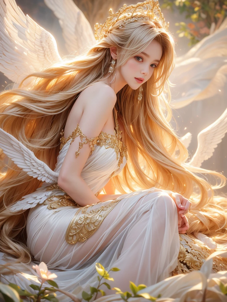(best quality,4k,8k,highres,masterpiece:1.2),ultra-detailed,realistic,beautiful girl,golden long hair,angelic halo,white angel wings,fantasy style,vivid colors,soft lighting,ethereal atmosphere,natural surroundings,serene expression,sheer dress,floating,graceful posture,airy feel