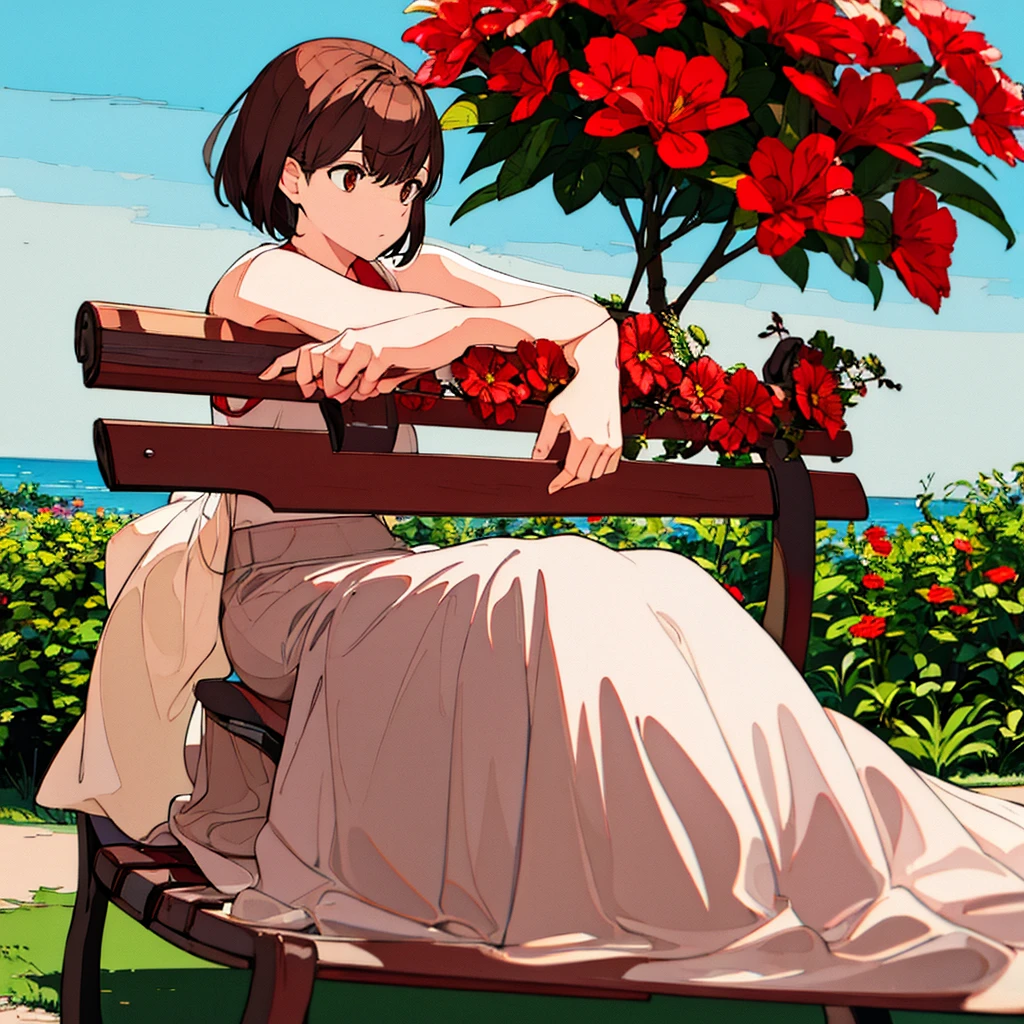 Light gray background Woman sitting on bench Red flowers Summer Brown short hair