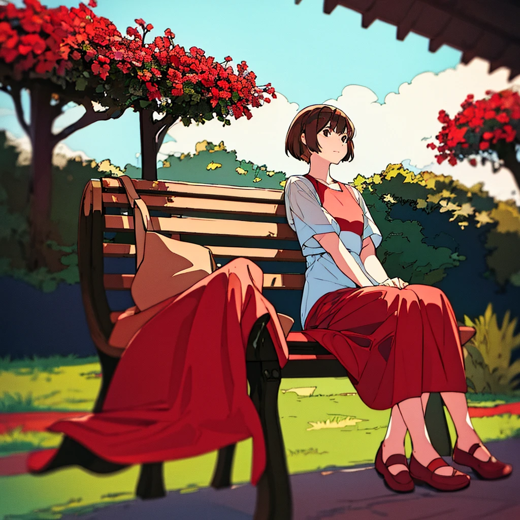 Light gray background Woman sitting on bench Red flowers Summer Brown short hair