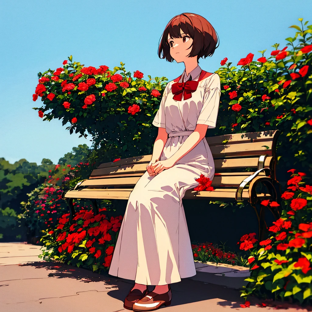 Light gray background Woman sitting on bench Red flowers Summer Brown short hair