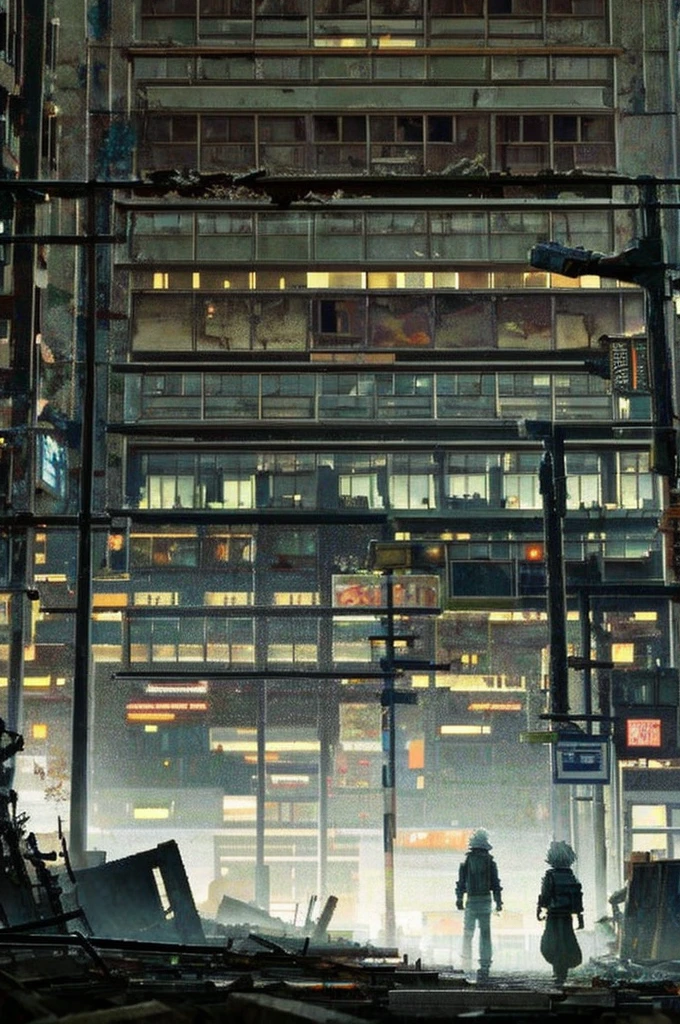 Night Scenery、 in a dark and Destroyed city, With a touch of lighting, Anime scenery, Decayed City, poorly lit,  walking in the city, Destroyed city