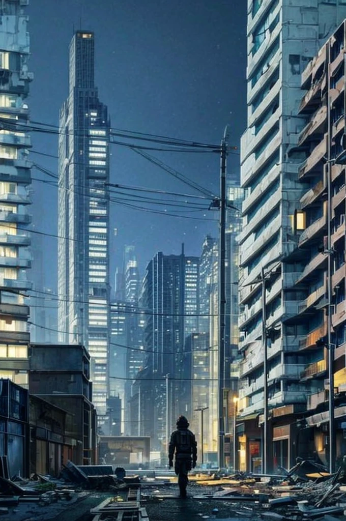 Night Scenery、 in a dark and Destroyed city, With a touch of lighting, Anime scenery, Decayed City, poorly lit, walking in the city, Destroyed city