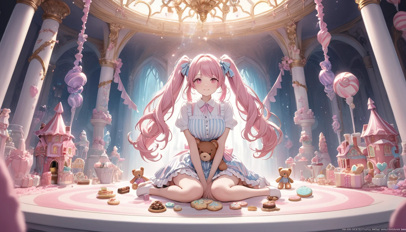 (8ก, table top, best quality, official art, Beautiful and detailed, beautiful light, The best masterpieces in history that push boundaries.), (1 woman, alone), (), (Beautiful and detailed face), (White and bright skin), (Beautiful big breasts, rift:1.3), (thigh:1.3), (Beautiful and detailed pastel pink twin tails hair, smooth:1.3), (Beautiful and detailed drooping pink eyes:1.5), Take a break, (Beautiful and detailed white and pastel blue stripe pattern cute Apron, white ruffle shirt, white ruffle skirt, ribbon bow, ruffle, ruffle:1.2), Take a break, (happy smile:1.3), (charming, Look at the camera, cute poses), (Beautiful and detailed fantastic room of magic candy house, Decorated cookies and chocolate:1.5),spirit,graveyard,stance,Hug a teddy bear,sit,full body