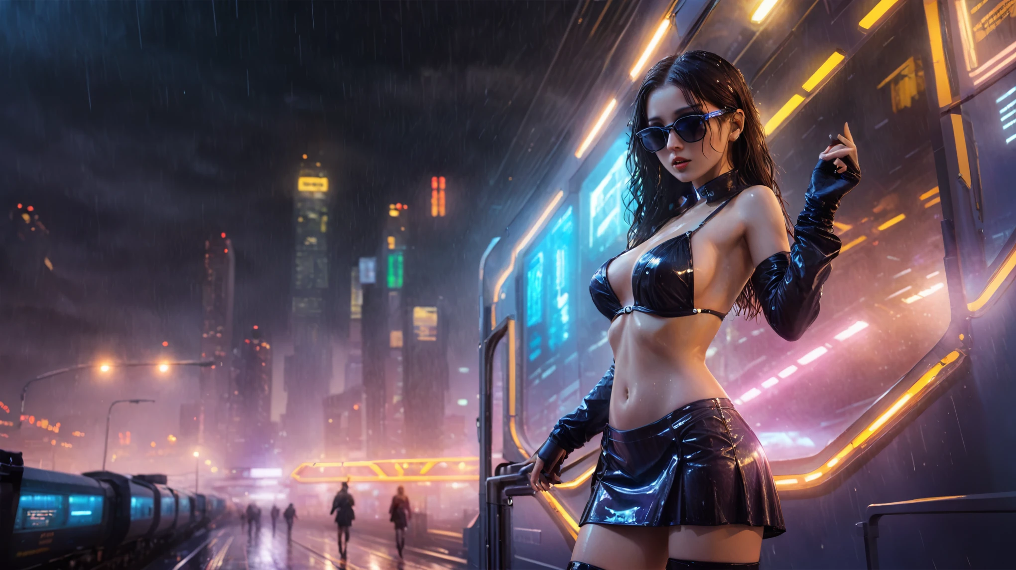 (((aerial view))), Blade Runner style futuristic railway platform, hi-tech train, neon lights, rainy ht. (1girl, solo, alone), large-bre2 slim body, cleavage:y wind blowing dress:1.4, headphone, (micro:0.8 black sunglasses), ((((((she raised a pistol:1.8 and shot:1.8 the viewer))))), dynamic pose, (((half-body thigh level medium shot))), cinematic lighting, lens flare, ray tracing, blurred:1.4 background.