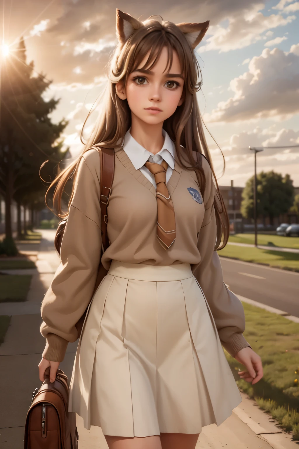 Sally Acorn, 1girl, solo, tree, sky, outdoors, skirt, cloud, brown, hair, sunset, lens, flare, scenery, school, uniform, sun, wind, long, sleeves, 