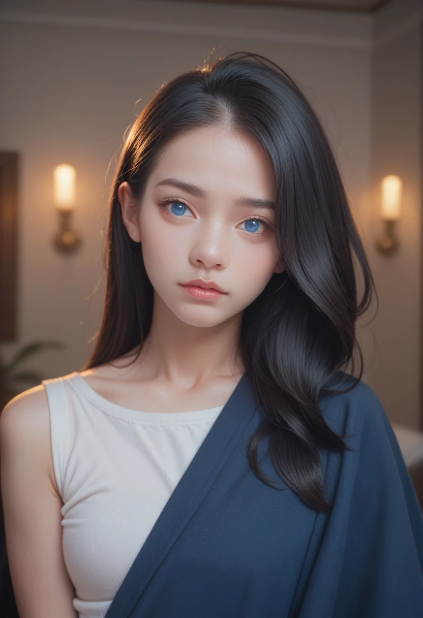 best quality, masterpiece, Black Hair, blue eyes, contour, Upper Body