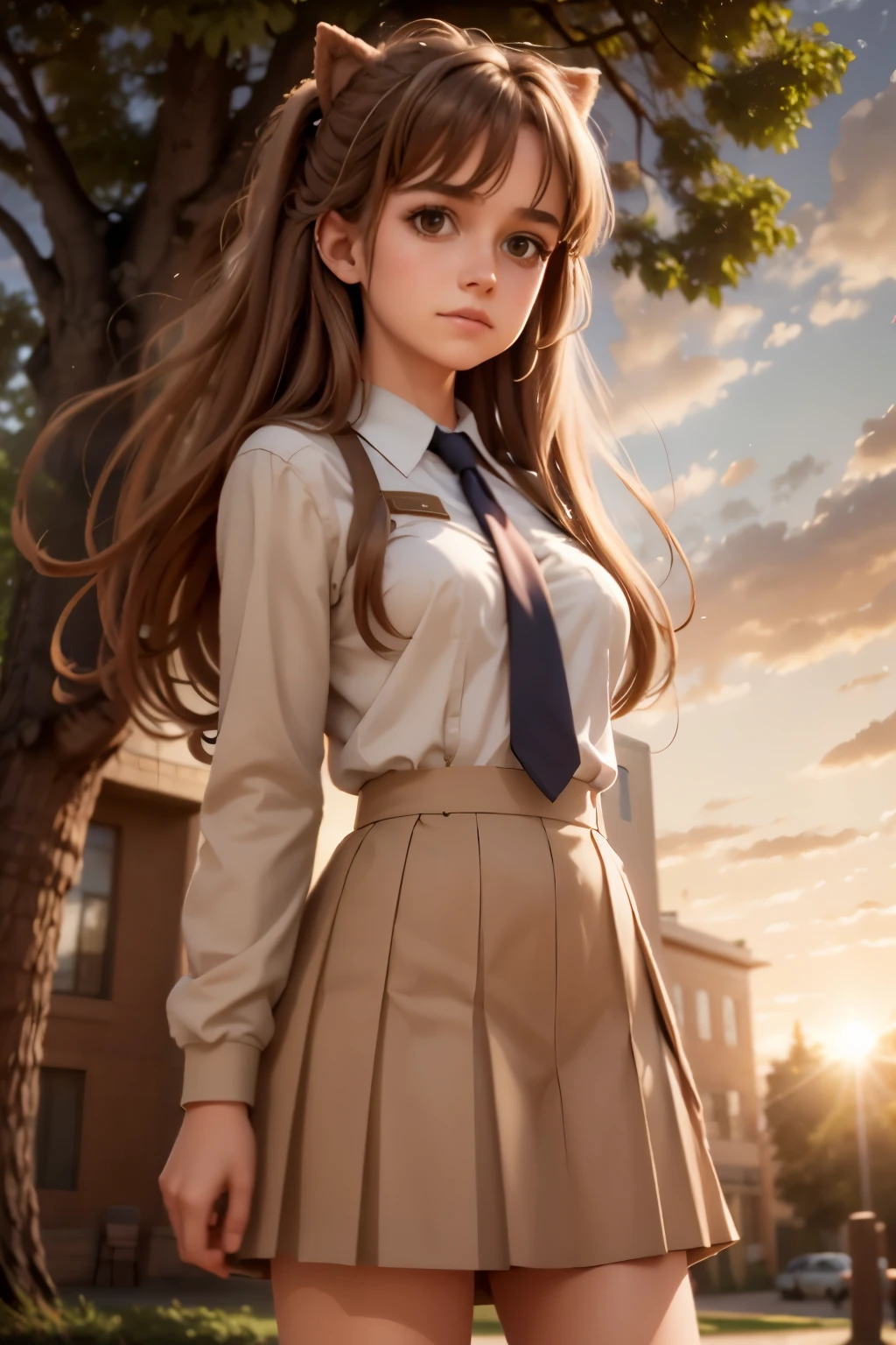 Sally Acorn, 1girl, solo, tree, sky, outdoors, skirt, cloud, brown, hair, sunset, lens, flare, scenery, school, uniform, sun, wind, long, sleeves, 