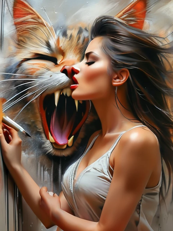 (masterpiece), (best quality), (ultra detail), Charcoal and chalk drawings. Sketch, (Hyperrealism), mj, RTX, 4k, HDR, Anna Razumovskaya, Casey Baugh, Antonio Mora, Aminola Rezai, Giovanni Boldini, art, sneezing cat tearing apart the wall because the color sucks!, master class on painting in the style of Anders Zorn, Alexi Briclot, Luis Royo
