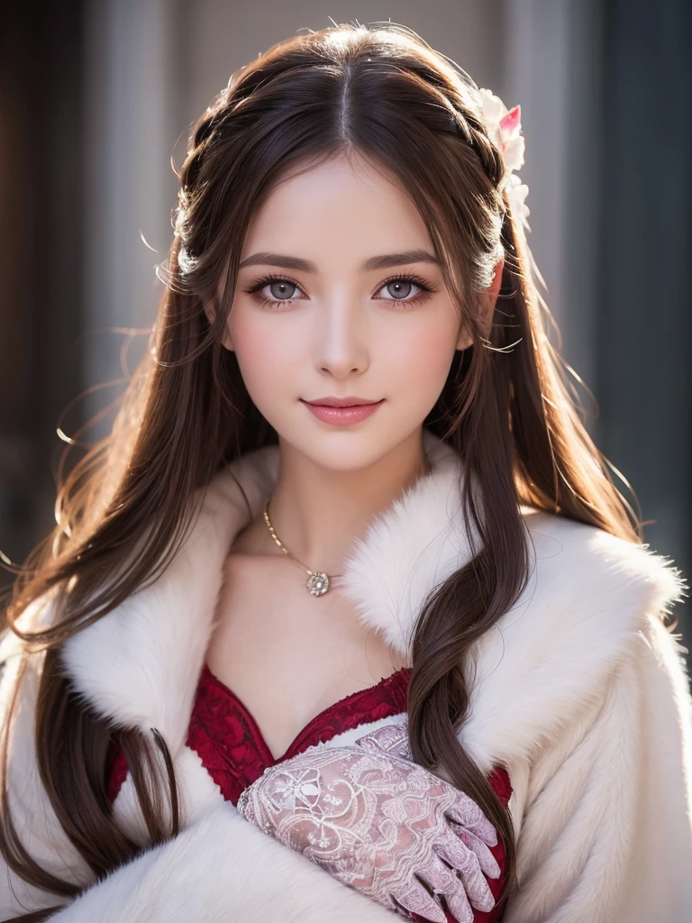 A stunning portrait of Anna Dittman-like beauty, dressed in a fitted red and white dress with fur trim, wide sleeves, and gloves, set against a darker bokeh background. Her long ash-brown hair cascades down her back as she gazes directly at the viewer with a captivating smile (1, 4). Her realistic violet eyes sparkle with intrigue. The focus is sharp, highlighting the intricate details of her outfit, from the delicate patterns to the subtle texture of the fur trim. A stunning example of hyper-detailed close-up photography.