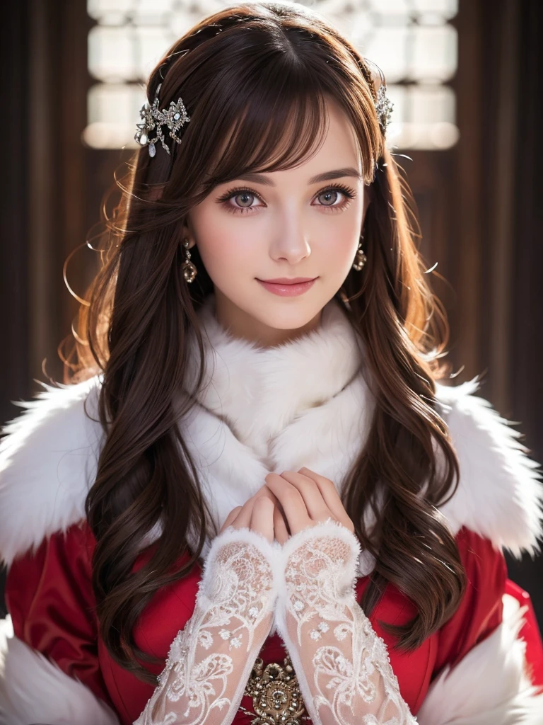 A stunning portrait of Anna Dittman-like beauty, dressed in a fitted red and white dress with fur trim, wide sleeves, and gloves, set against a darker bokeh background. Her long ash-brown hair cascades down her back as she gazes directly at the viewer with a captivating smile (1, 4). Her realistic violet eyes sparkle with intrigue. The focus is sharp, highlighting the intricate details of her outfit, from the delicate patterns to the subtle texture of the fur trim. A stunning example of hyper-detailed close-up photography.