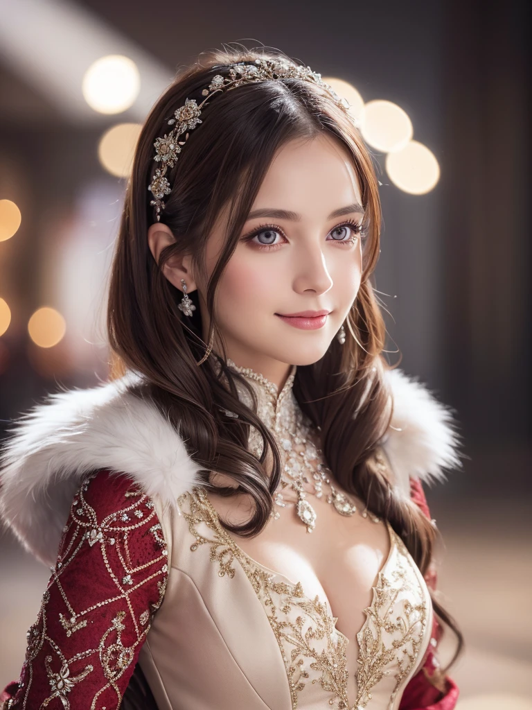A stunning portrait of Anna Dittman-like beauty, dressed in a fitted red and white dress with fur trim, wide sleeves, and gloves, set against a darker bokeh background. Her long ash-brown hair cascades down her back as she gazes directly at the viewer with a captivating smile (1, 4). Her realistic violet eyes sparkle with intrigue. The focus is sharp, highlighting the intricate details of her outfit, from the delicate patterns to the subtle texture of the fur trim. A stunning example of hyper-detailed close-up photography.
