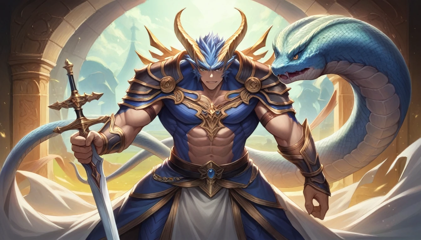 a man standing in front of a giant snake with a sword, detailed 2D fantasy digital art, 2D fantasy digital art, epic fantasy art style, detailed game art illustration, anime fantasy illustration, blue scaled dragon, epic video game art, Epic fantasy digital art style, trends on artstation pixiv, epic fantasy style art, detailed anime digital art