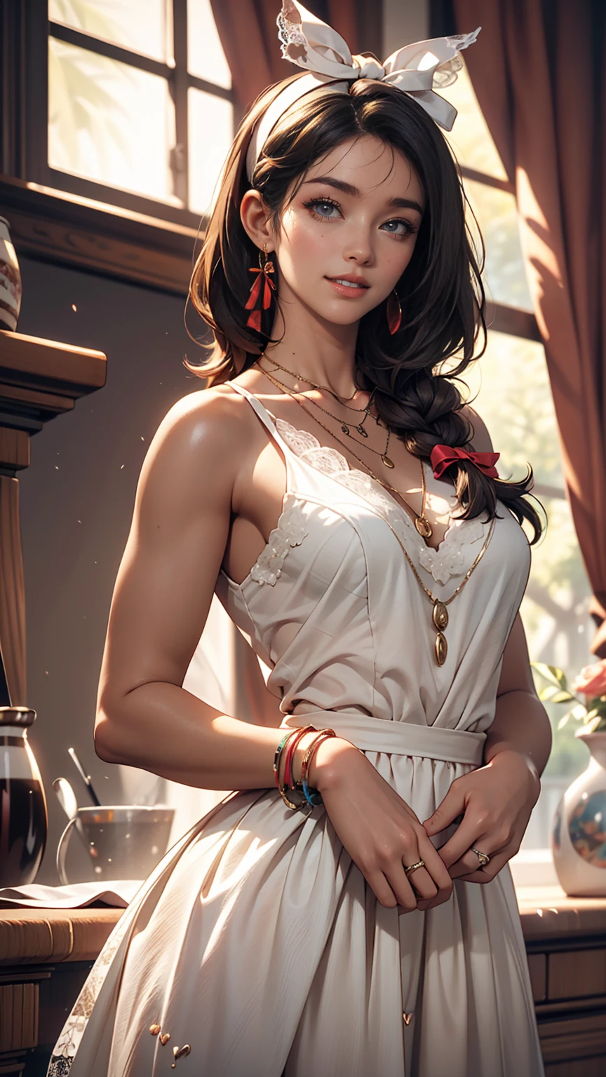 最high quality, masterpiece, High resolution, One girl, Lace-embellished summer dress, hair accessory, necklace, jewelry, Pretty face, On the body, Tyndall effect, Realistic, Shadow Studio, Rim Light, Dual Tone Lighting, (High Definition Skins: 1.2), 8k UHD, Digital SLR, Soft Light, high quality, Volumetric Light, Sneak Shot, photograph, High resolution, 4K, 8k, Background Blur,Sexy proportionature female body、Sexy proportionakeup、hair band((hair ribbon))、Textured skin((textured skin))、smile