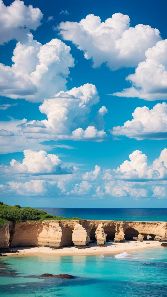 “High-resolution, high-quality fantastical art featuring a bright blue sky with towering cumulus clouds, a sandy beach adorned with colorful, heart-shaped stones arranged in patterns.”