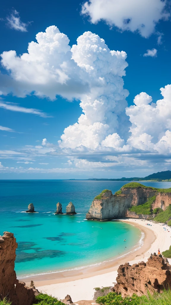 “High-resolution, high-quality fantastical art featuring a bright blue sky with towering cumulus clouds, a sandy beach adorned with colorful, heart-shaped stones arranged in patterns.”