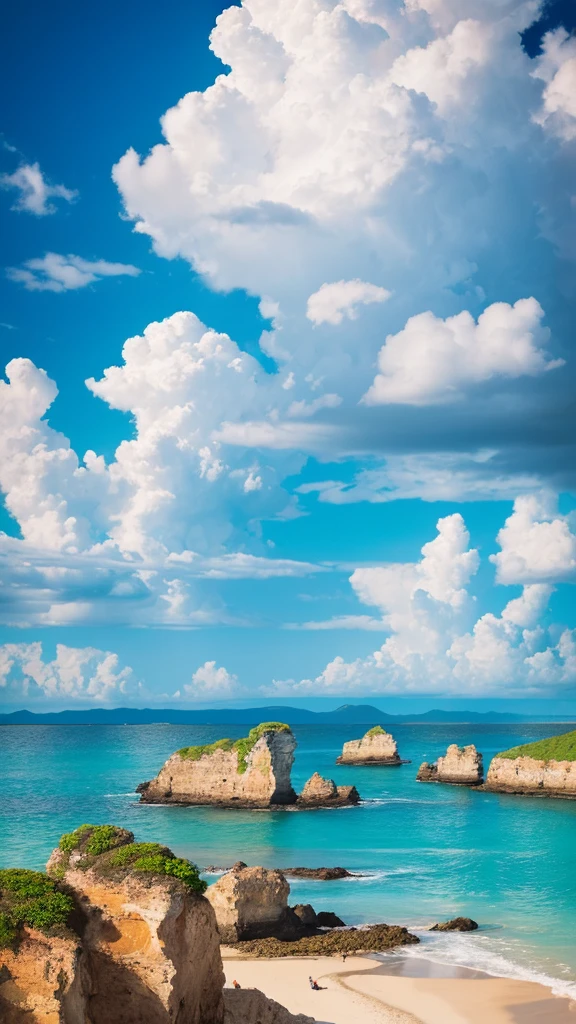 “High-resolution, high-quality fantastical art featuring a bright blue sky with towering cumulus clouds, a sandy beach adorned with colorful, heart-shaped stones arranged in patterns.”