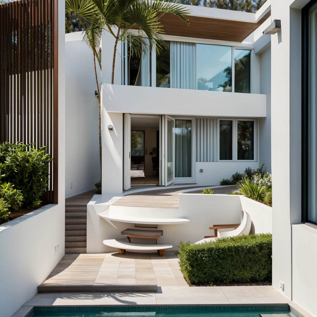 realistic photography. natural light. architectural Digest magazine quality photo. houzz photo. beautiful exterior looking into a front door. Ultra modern , curvy, luxury, ultra modern, plush home. flat roof, marbella, popular exterior home style. Scandinavian. entrance that has a curved wall which encompasses small front yard. white stucco. peaceful potted plants at entrance. sunny day.