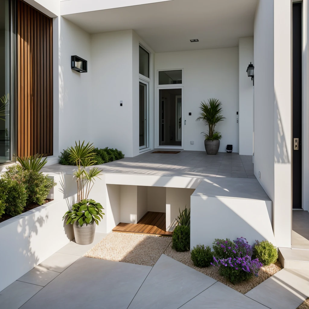 realistic photography. natural light. architectural Digest magazine quality photo. houzz photo. beautiful exterior looking into a front door. Ultra modern , curvy, luxury, ultra modern, plush home. flat roof, marbella, popular exterior home style. Scandinavian.  entrance that has a curved wall which encompasses small front yard. white stucco. peaceful potted plants at entrance. sunny day.