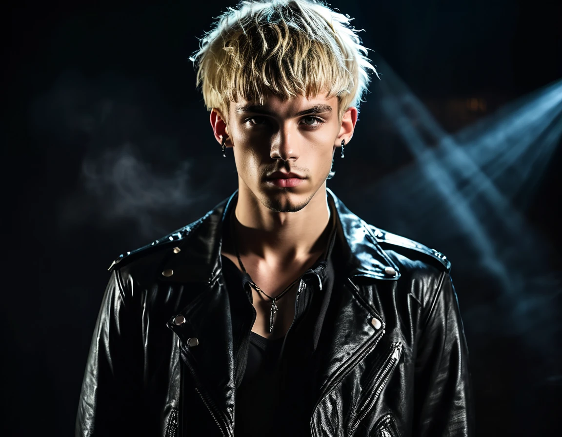 Realistic, looking at camera, Caucasian white, male, 22 years old, attractive, model (skinny:1.3), demon, incubus, night club, (short textured messy blond hair with fringe:1.5), (black leather jacket:1.3), darkness, BDSM club background, gothic punk attire, heavy punk eyeshadow, evil, darkness, dark, full 16k, sexy