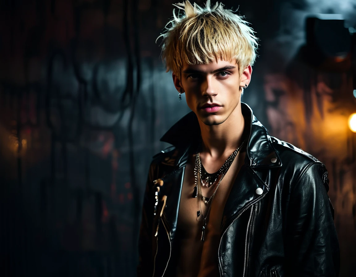 Realistic, looking at camera, Caucasian white, male, 22 years old, attractive, model (skinny:1.3), demon, incubus, night club, (short textured messy blond hair with fringe:1.5), (black leather jacket:1.3), darkness, BDSM club background, gothic punk attire, heavy punk eyeshadow, evil, darkness, dark, full 16k, sexy