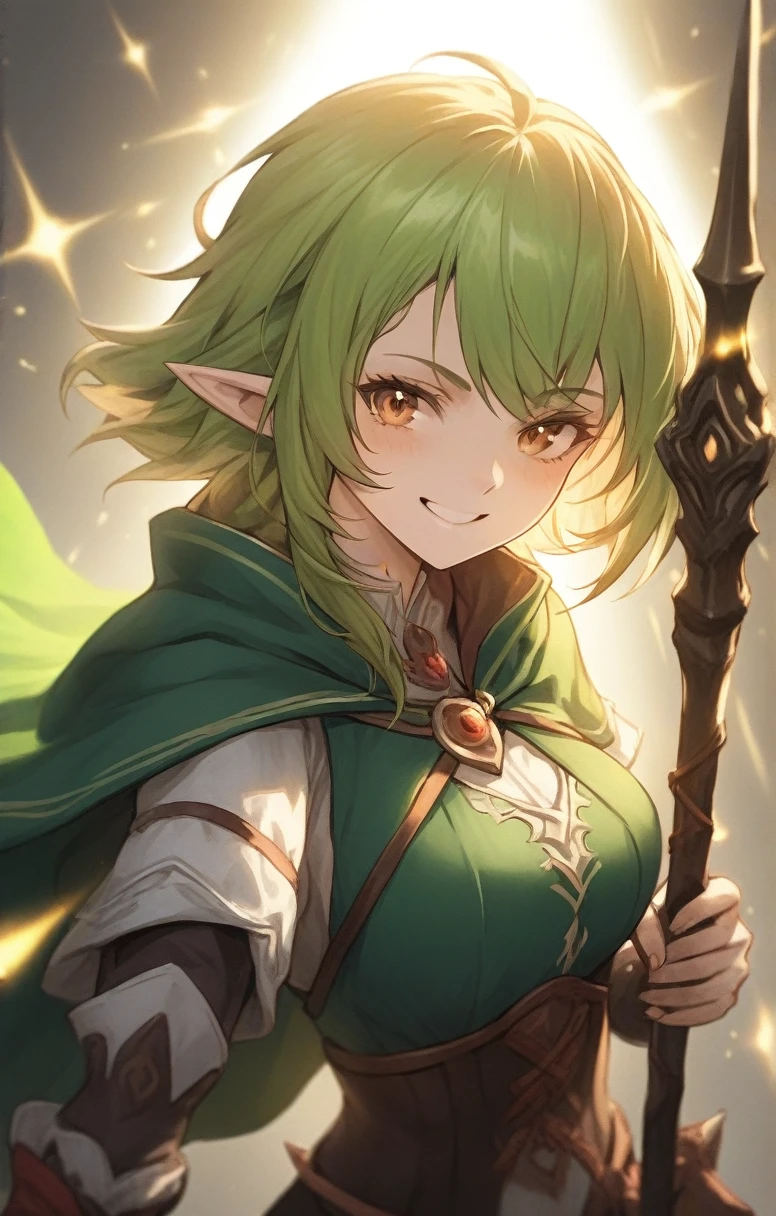 elf, woman, dnd, adventurer, green cloak, elegant, wield staff, sun light, bust shot, smile