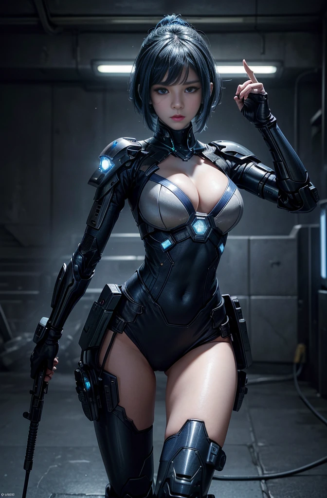 16K quality、Cinema Lighting,Highly detailed skin、Beautiful quality with attention to detail,High resolution、Perfect Anatomy,(cyber punk、Exchange、Dim color, Calm tone:1.3)Girl Soldier On The Battlefield,(Beautiful features down to the last detail.、blue eyes、Cleavage:1.3)Blue Hair、Sexy battle suit、with a gun in hand(Pose with one hand raised:1.2)desert garrison、spark、An explosion occurred from the ground,ghost in the Shell